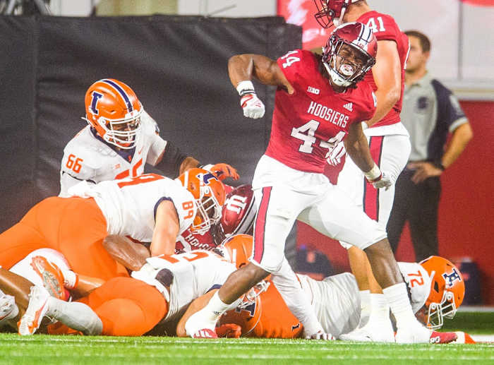Indiana's Aaron Casey (44) celebrates a goal-line stop during the Indiana versus Illinois football game at Memorial Stadium on Friday, Sept. 2, 2022.